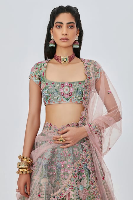 Aisha Rao_Green Tissue, Chiffon Parisa Floral Embellished 12 Kali Bridal Lehenga Set _Online_at_Aza_Fashions