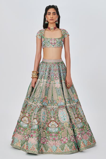 Buy_Aisha Rao_Green Tissue, Chiffon Parisa Floral Embellished 12 Kali Bridal Lehenga Set _Online_at_Aza_Fashions