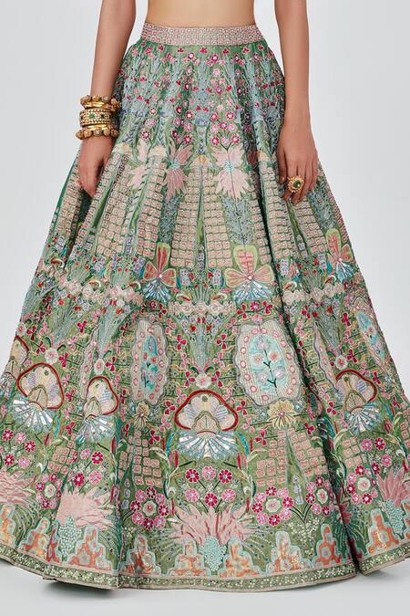 Shop_Aisha Rao_Green Tissue, Chiffon Parisa Floral Embellished 12 Kali Bridal Lehenga Set _Online_at_Aza_Fashions