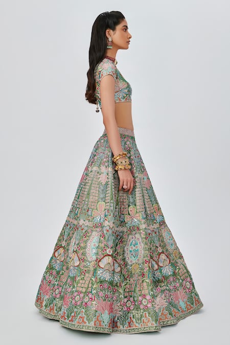 Aisha Rao_Green Tissue, Chiffon Parisa Floral Embellished 12 Kali Bridal Lehenga Set _at_Aza_Fashions