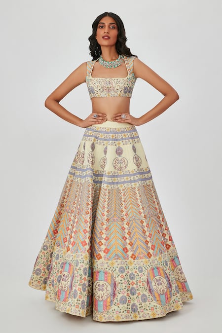 Aisha Rao_Beige Satin Applique, Soraya Floral Embellished 12 Kali Bridal Lehenga Set _Online_at_Aza_Fashions