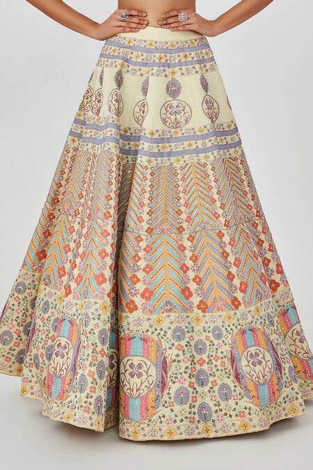 Buy_Aisha Rao_Beige Satin Applique, Soraya Floral Embellished 12 Kali Bridal Lehenga Set _Online_at_Aza_Fashions
