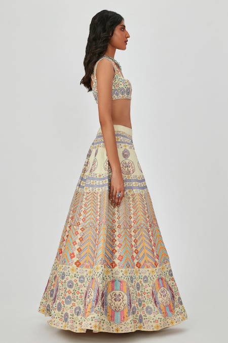 Shop_Aisha Rao_Beige Satin Applique, Soraya Floral Embellished 12 Kali Bridal Lehenga Set _Online_at_Aza_Fashions