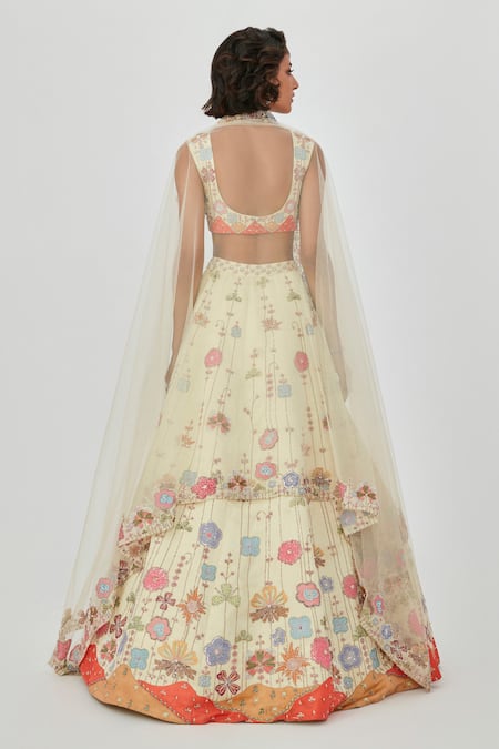 Shop Aisha Rao Ivory Net Embroidery, Floral Print And Embellished 10 Kali Bridal Lehenga Set at Aza Fashions Shop_Aisha Rao_Ivory Net Embroidery, Floral Print And Embellished 10 Kali Bridal Lehenga Set _at_Aza_Fashions