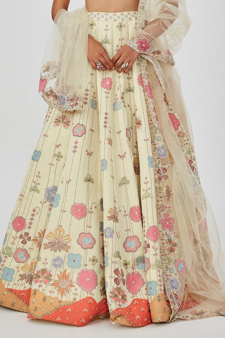 Aisha Rao Ivory Net Embroidery, Floral Print And Embellished 10 Kali Bridal Lehenga Set Online at Aza Fashions Aisha Rao_Ivory Net Embroidery, Floral Print And Embellished 10 Kali Bridal Lehenga Set _Online_at_Aza_Fashions