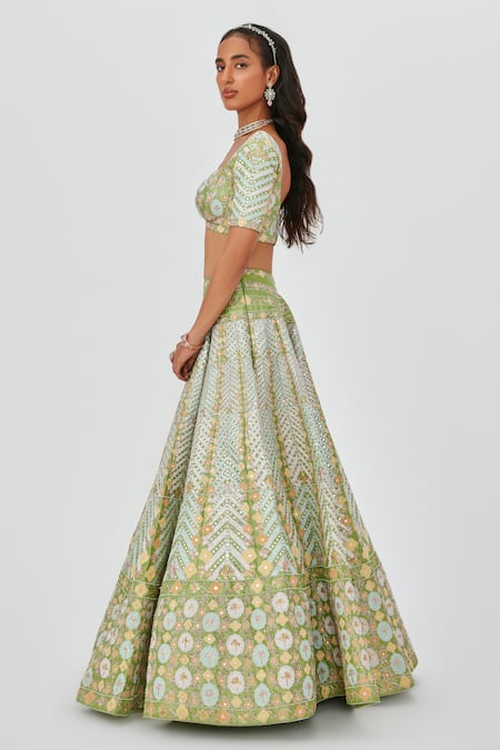Shop Aisha Rao Green Tissue Embroidery Ziba Floral Embellished 12 Kali Bridal Lehenga Set Online at Aza Fashions Shop_Aisha Rao_Green Tissue Embroidery Ziba Floral Embellished 12 Kali Bridal Lehenga Set _Online_at_Aza_Fashions