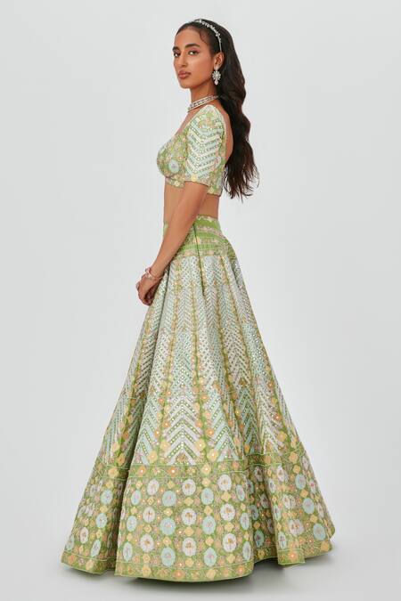 Buy Aisha Rao Green Tissue Sequins, Mirrors, Zari Ziba Embroidered 16 Kali Bridal Lehenga Set Online at Aza Fashions Buy_Aisha Rao_Green Tissue Sequins, Mirrors, Zari Ziba Embroidered 16 Kali Bridal Lehenga Set _Online_at_Aza_Fashions