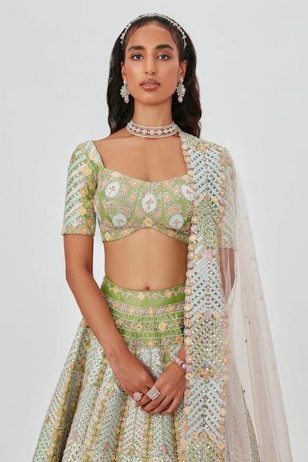 Shop Aisha Rao Green Tissue Sequins, Mirrors, Zari Ziba Embroidered 16 Kali Bridal Lehenga Set Online at Aza Fashions Shop_Aisha Rao_Green Tissue Sequins, Mirrors, Zari Ziba Embroidered 16 Kali Bridal Lehenga Set _Online_at_Aza_Fashions