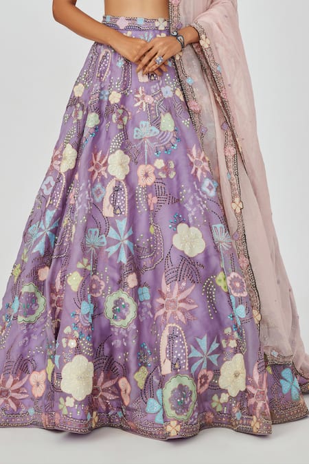Aisha Rao Purple Satin, Organza, Darya Floral Applique Embellished 10 Kali Lehenga Set Online at Aza Fashions Aisha Rao_Purple Satin, Organza, Darya Floral Applique Embellished 10 Kali Lehenga Set _Online_at_Aza_Fashions