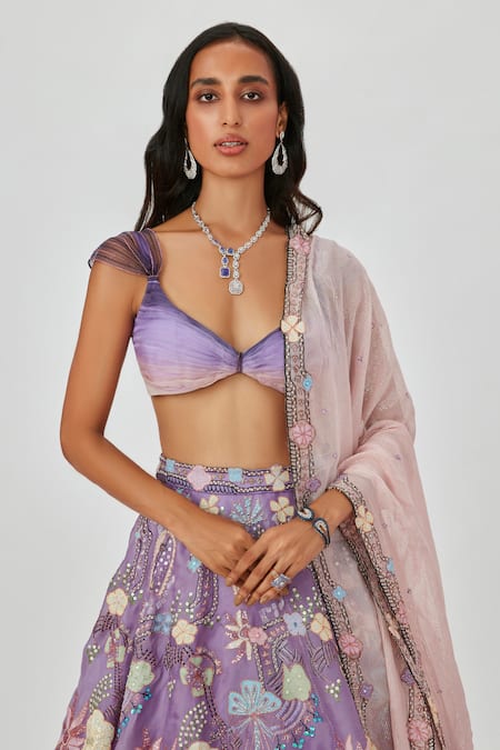 Buy Aisha Rao Purple Satin, Organza, Darya Floral Applique Embellished 10 Kali Lehenga Set Online at Aza Fashions Buy_Aisha Rao_Purple Satin, Organza, Darya Floral Applique Embellished 10 Kali Lehenga Set _Online_at_Aza_Fashions