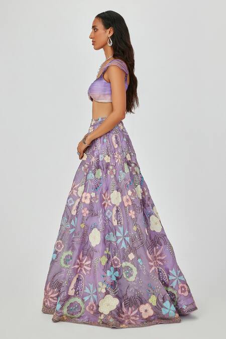Shop Aisha Rao Purple Satin, Organza, Darya Floral Applique Embellished 10 Kali Lehenga Set Online at Aza Fashions Shop_Aisha Rao_Purple Satin, Organza, Darya Floral Applique Embellished 10 Kali Lehenga Set _Online_at_Aza_Fashions