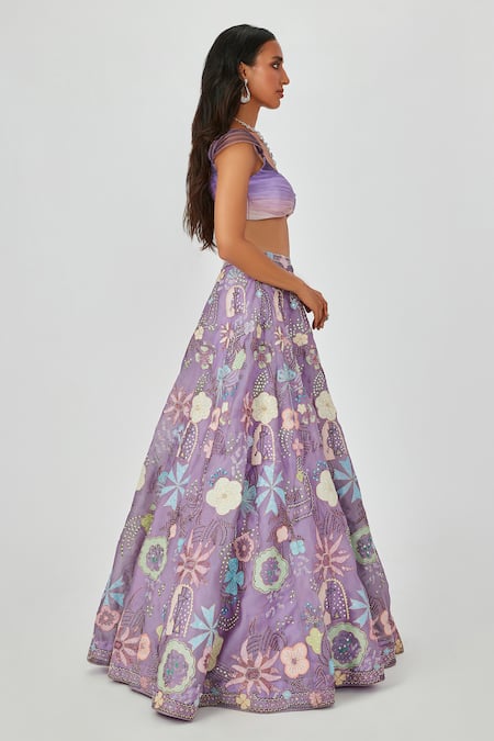 Aisha Rao Purple Satin, Organza, Darya Floral Applique Embellished 10 Kali Lehenga Set at Aza Fashions Aisha Rao_Purple Satin, Organza, Darya Floral Applique Embellished 10 Kali Lehenga Set _at_Aza_Fashions