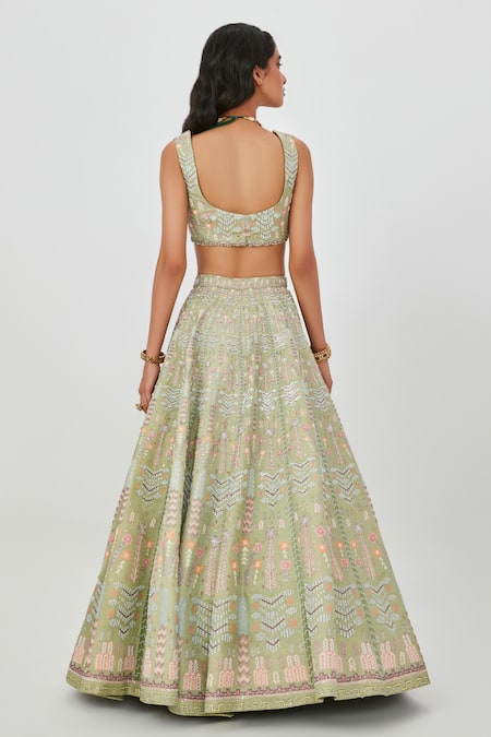 Shop_Aisha Rao_Green Satin, Chiffon Beads, Shazia Geometric 12 Kali Bridal Lehenga Set _at_Aza_Fashions