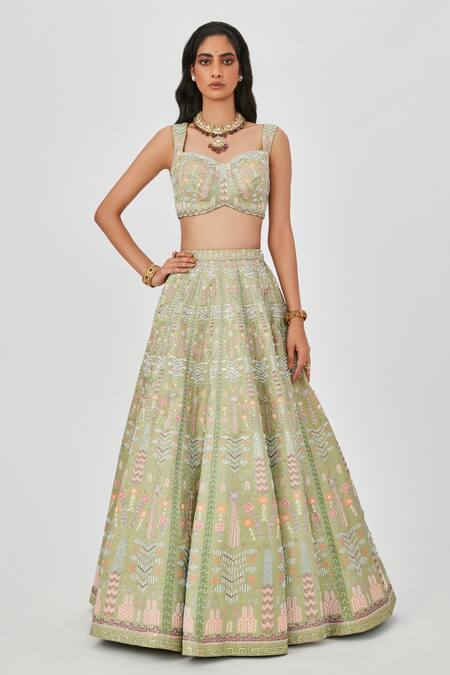 Aisha Rao_Green Satin, Chiffon Beads, Shazia Geometric 12 Kali Bridal Lehenga Set _Online_at_Aza_Fashions