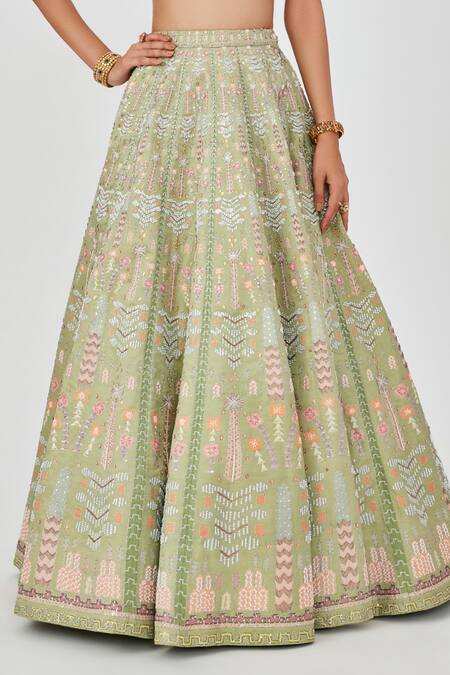 Buy_Aisha Rao_Green Satin, Chiffon Beads, Shazia Geometric 12 Kali Bridal Lehenga Set _Online_at_Aza_Fashions