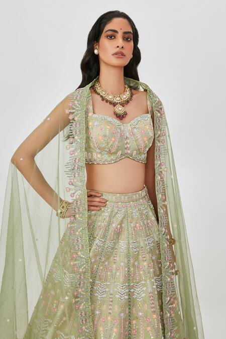 Aisha Rao_Green Satin, Chiffon Beads, Shazia Geometric 12 Kali Bridal Lehenga Set _at_Aza_Fashions