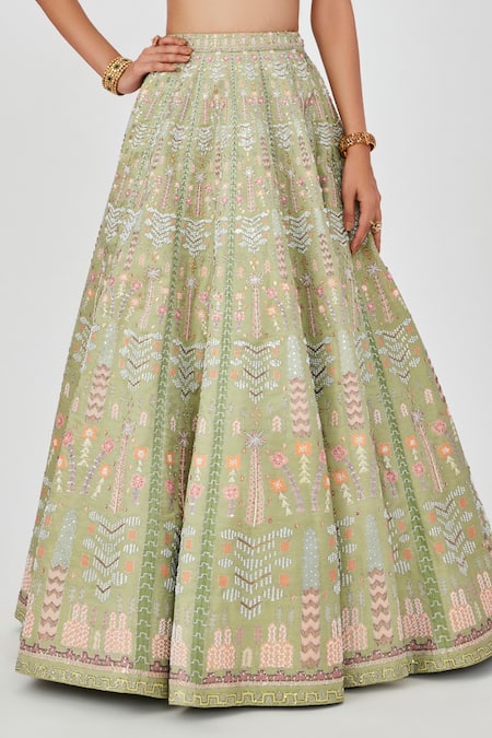Buy Aisha Rao Green Satin, Chiffon Sequins, Beads, Embroidery Geometric 16 Kali Lehenga Set Online at Aza Fashions Buy_Aisha Rao_Green Satin, Chiffon Sequins, Beads, Embroidery Geometric 16 Kali Lehenga Set _Online_at_Aza_Fashions