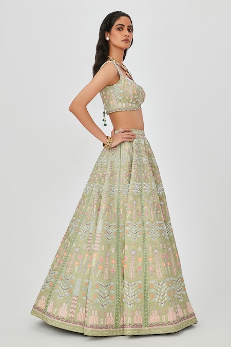 Shop Aisha Rao Green Satin, Chiffon Sequins, Beads, Embroidery Geometric 16 Kali Lehenga Set Online at Aza Fashions Shop_Aisha Rao_Green Satin, Chiffon Sequins, Beads, Embroidery Geometric 16 Kali Lehenga Set _Online_at_Aza_Fashions