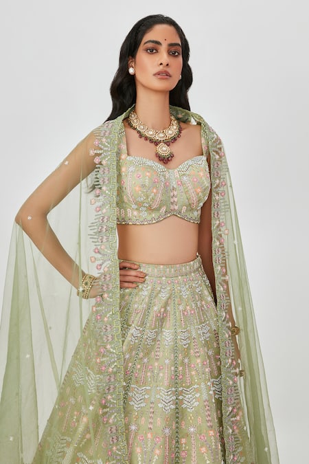 Aisha Rao Green Satin, Chiffon Sequins, Beads, Embroidery Geometric 16 Kali Lehenga Set at Aza Fashions Aisha Rao_Green Satin, Chiffon Sequins, Beads, Embroidery Geometric 16 Kali Lehenga Set _at_Aza_Fashions