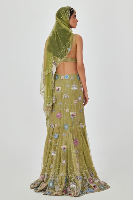 Shop Aisha Rao Green Net Beads, Embroidery, Zarina Floral Embellished Mermaid Skirt Set at Aza Fashions Shop_Aisha Rao_Green Net Beads, Embroidery, Zarina Floral Embellished Mermaid Skirt Set _at_Aza_Fashions