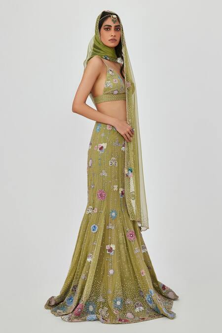 Aisha Rao Green Net Beads, Embroidery, Zarina Floral Embellished Mermaid Skirt Set Online at Aza Fashions Aisha Rao_Green Net Beads, Embroidery, Zarina Floral Embellished Mermaid Skirt Set _Online_at_Aza_Fashions
