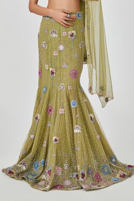 Shop Aisha Rao Green Net Beads, Embroidery, Zarina Floral Embellished Mermaid Skirt Set Online at Aza Fashions Shop_Aisha Rao_Green Net Beads, Embroidery, Zarina Floral Embellished Mermaid Skirt Set _Online_at_Aza_Fashions