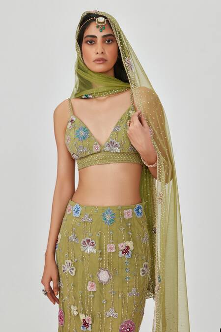 Aisha Rao Green Net Beads, Embroidery, Zarina Floral Embellished Mermaid Skirt Set at Aza Fashions Aisha Rao_Green Net Beads, Embroidery, Zarina Floral Embellished Mermaid Skirt Set _at_Aza_Fashions
