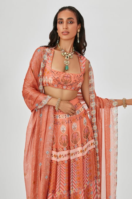Buy_Aisha Rao_Orange Georgette Embroidery Square Farhat Geometric And Floral Print Skirt Set _Online_at_Aza_Fashions