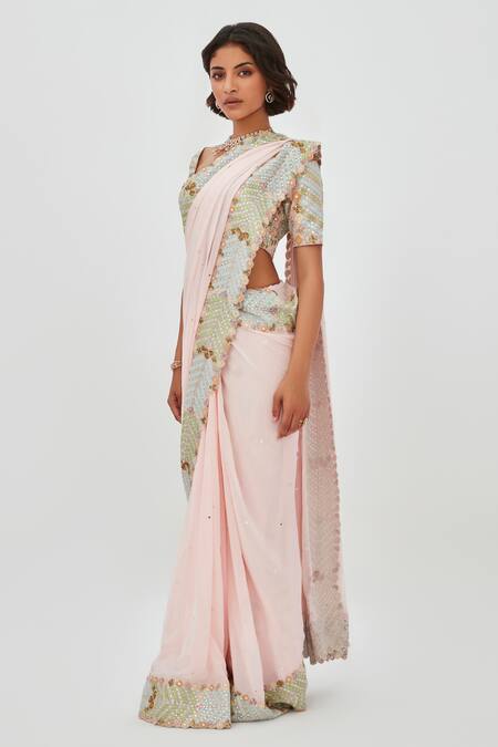 Aisha Rao_Pink Georgette Sequins, Mirrors, Fariba Border Embroidered Saree With Blouse _Online_at_Aza_Fashions