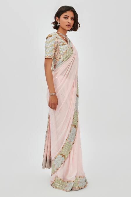 Buy_Aisha Rao_Pink Georgette Sequins, Mirrors, Fariba Border Embroidered Saree With Blouse _Online_at_Aza_Fashions