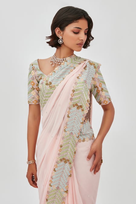 Shop_Aisha Rao_Pink Georgette Sequins, Mirrors, Fariba Border Embroidered Saree With Blouse _Online_at_Aza_Fashions