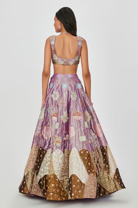 Shop Aisha Rao Purple Tissue Sequins, Sahar Floral Patchwork 10 Kali Bridal Lehenga Set at Aza Fashions Shop_Aisha Rao_Purple Tissue Sequins, Sahar Floral Patchwork 10 Kali Bridal Lehenga Set _at_Aza_Fashions