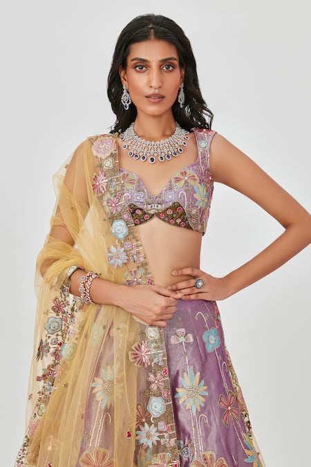 Shop Aisha Rao Purple Tissue Sequins, Sahar Floral Patchwork 10 Kali Bridal Lehenga Set Online at Aza Fashions Shop_Aisha Rao_Purple Tissue Sequins, Sahar Floral Patchwork 10 Kali Bridal Lehenga Set _Online_at_Aza_Fashions