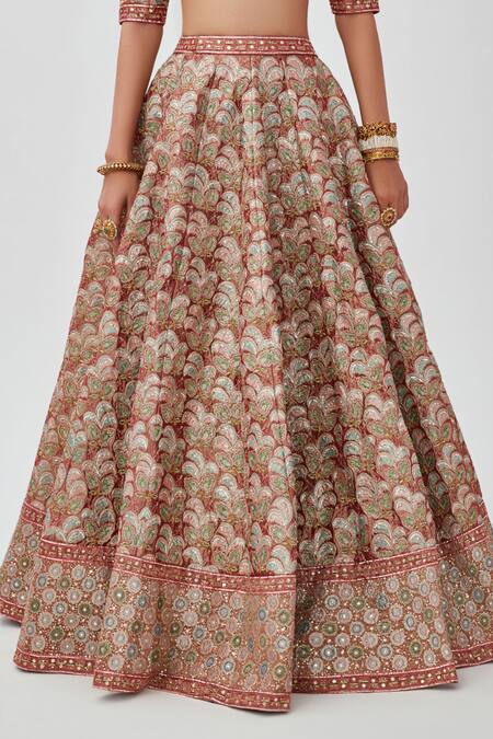 Aisha Rao_Red Tissue Embroidery, Sequins, Zari Floral Applique 12 Kali Bridal Lehenga Set _Online_at_Aza_Fashions