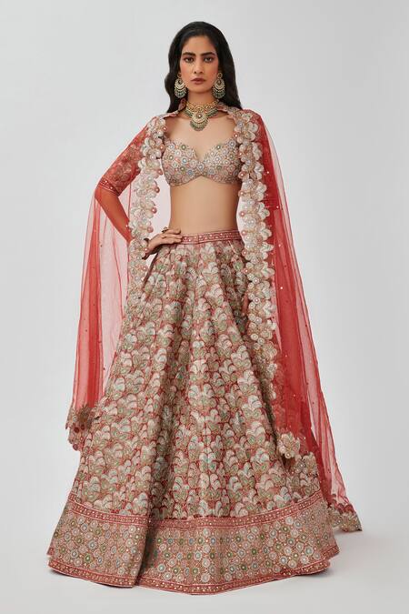 Shop_Aisha Rao_Red Tissue Embroidery, Sequins, Zari Floral Applique 12 Kali Bridal Lehenga Set _Online_at_Aza_Fashions