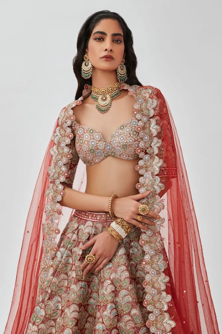 Aisha Rao_Red Tissue Embroidery, Sequins, Zari Floral Applique 12 Kali Bridal Lehenga Set _at_Aza_Fashions