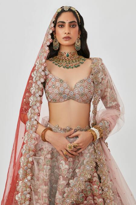 Buy_Aisha Rao_Red Tissue Embroidery, Sequins, Zari Floral Applique 12 Kali Bridal Lehenga Set 