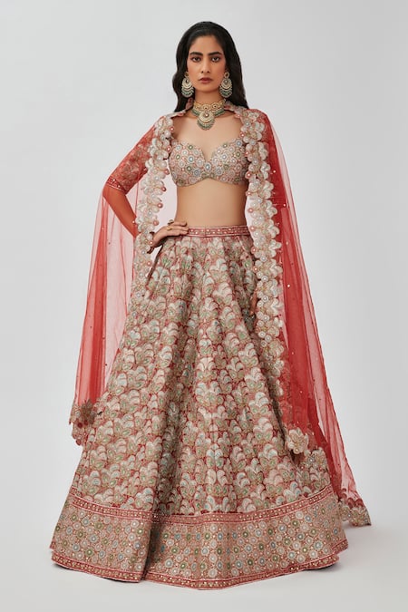 Aisha Rao Tara Flower Applique Embroidered 16 Kali Bridal Lehenga Set 