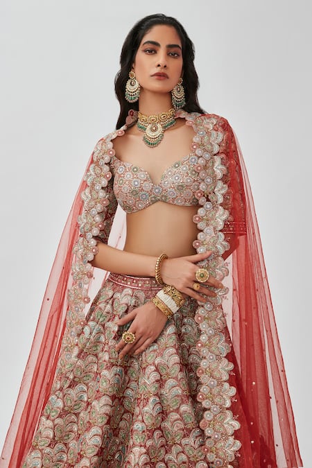 Shop Aisha Rao Brown Tissue Embroidery, Tara Flower Applique 16 Kali Bridal Lehenga Set Online at Aza Fashions Shop_Aisha Rao_Brown Tissue Embroidery, Tara Flower Applique 16 Kali Bridal Lehenga Set _Online_at_Aza_Fashions