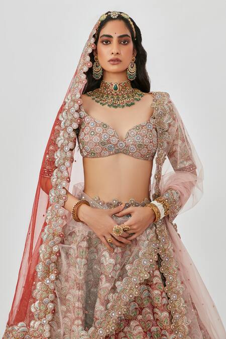 Aisha Rao Brown Tissue Embroidery, Tara Flower Applique 16 Kali Bridal Lehenga Set at Aza Fashions Aisha Rao_Brown Tissue Embroidery, Tara Flower Applique 16 Kali Bridal Lehenga Set _at_Aza_Fashions