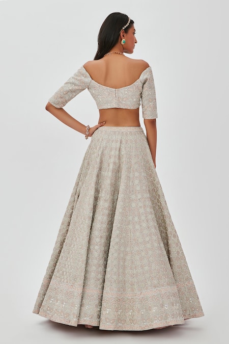 Shop Aisha Rao Silver Net, Tissue Sequins, Applique, Embroidery Floral 12 Kali Lehenga Set at Aza Fashions Shop_Aisha Rao_Silver Net, Tissue Sequins, Applique, Embroidery Floral 12 Kali Lehenga Set _at_Aza_Fashions