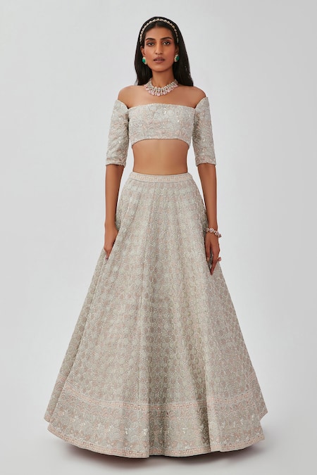 Aisha Rao Silver Net, Tissue Sequins, Applique, Embroidery Floral 12 Kali Lehenga Set Online at Aza Fashions Aisha Rao_Silver Net, Tissue Sequins, Applique, Embroidery Floral 12 Kali Lehenga Set _Online_at_Aza_Fashions
