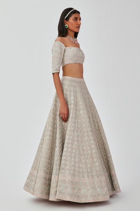 Shop Aisha Rao Silver Net, Tissue Sequins, Applique, Embroidery Floral 12 Kali Lehenga Set Online at Aza Fashions Shop_Aisha Rao_Silver Net, Tissue Sequins, Applique, Embroidery Floral 12 Kali Lehenga Set _Online_at_Aza_Fashions