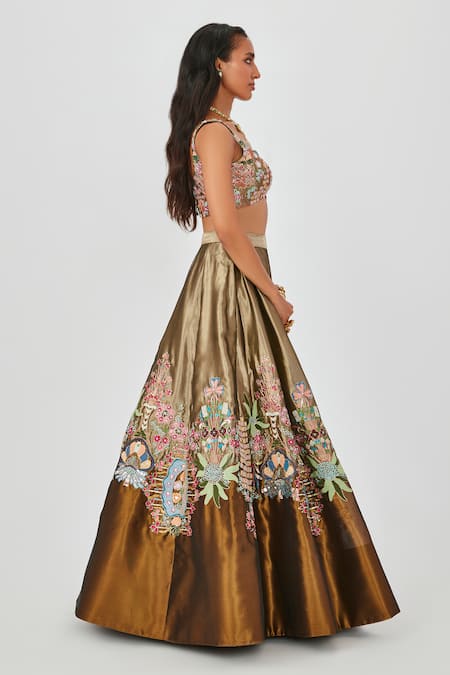 Shop Aisha Rao Gold Tissue, Chiffon Cut Gulshan Floral Applique 10 Kali Bridal Lehenga Set Online at Aza Fashions Shop_Aisha Rao_Gold Tissue, Chiffon Cut Gulshan Floral Applique 10 Kali Bridal Lehenga Set _Online_at_Aza_Fashions