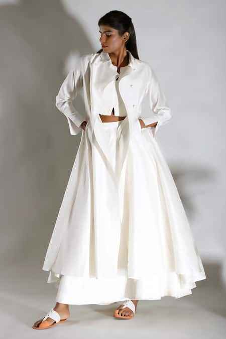 DHI White Chanderi Silk(60% Silk + 40% Cotton) Plain Collared Neck Trench Coat 