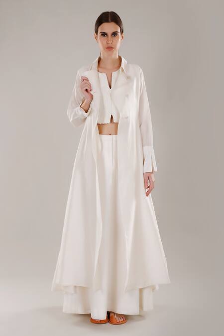 Buy_Dhi_White Chanderi Silk Trench Coat _Online_at_Aza_Fashions