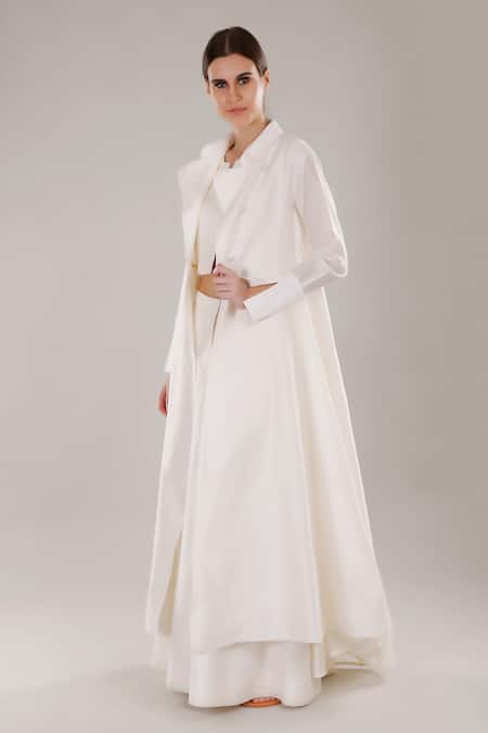 Shop_Dhi_White Chanderi Silk Trench Coat _Online_at_Aza_Fashions