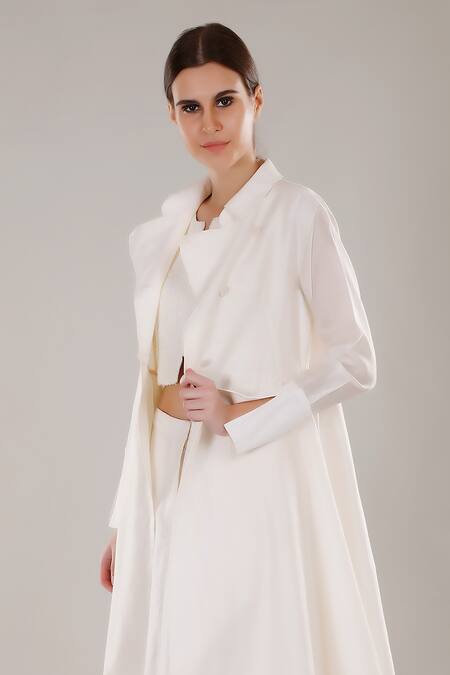 Dhi_White Chanderi Silk Trench Coat _at_Aza_Fashions