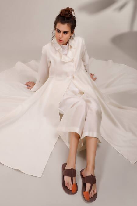 Buy_Dhi_White Chanderi Silk Trench Coat 