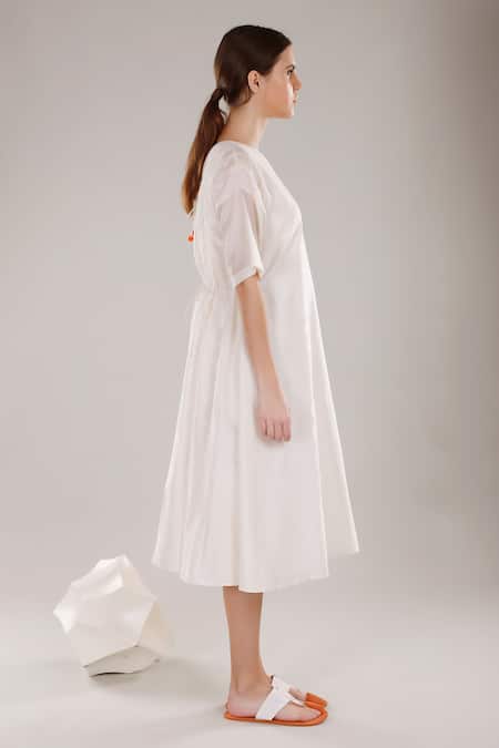 Dhi_White Chanderi Silk Embroidery Round Neck Dress _Online_at_Aza_Fashions